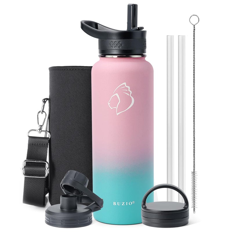 BUZIO 40 oz Water Bottle Insulated with Straw & 3 lid and Carrying Pouch, Leak Proof Anti-Slip Stainless Steel Water Flask Jug, Cold for 48 Hrs Double Vacuum Thermo Canteen, BPA-Free, Bubble Gum - Image 1